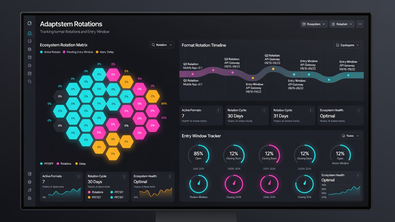 Analytics view showing entry window timelines synchronized with format transition indicators in a multi-tenant application environment