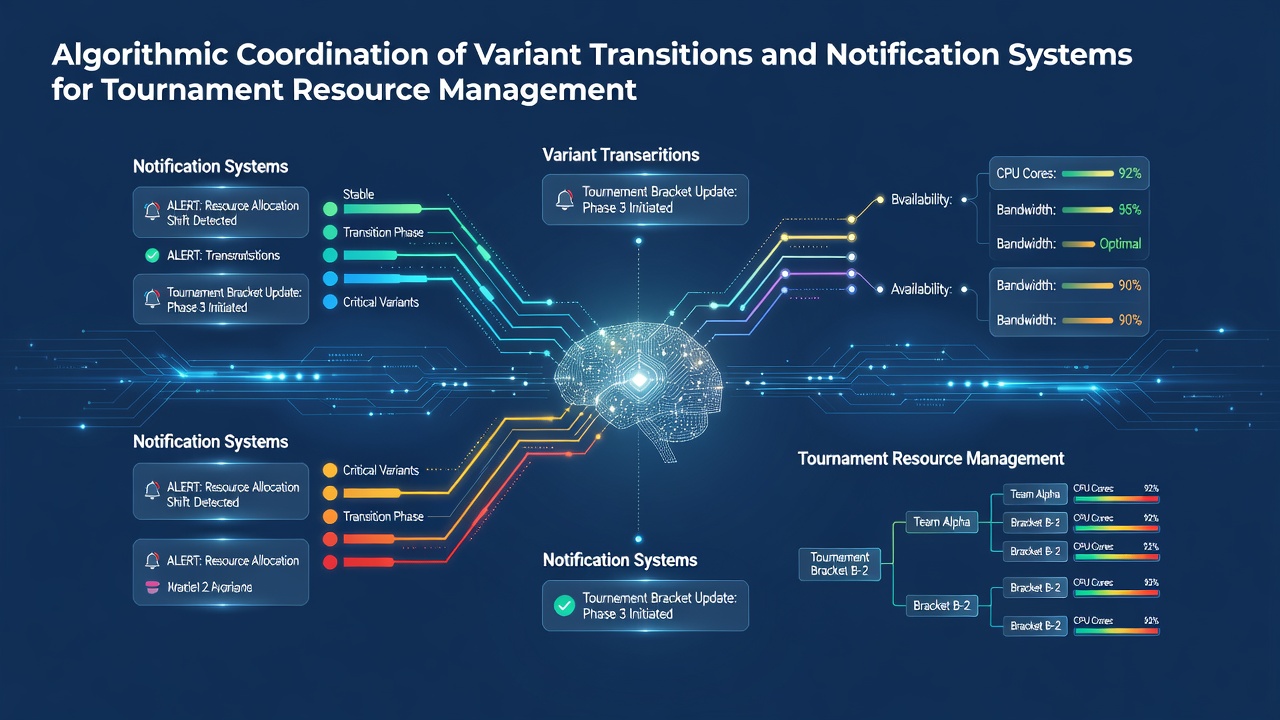 Diagram showing algorithmic coordination between poker variant transitions and real-time notification systems in tournament settings