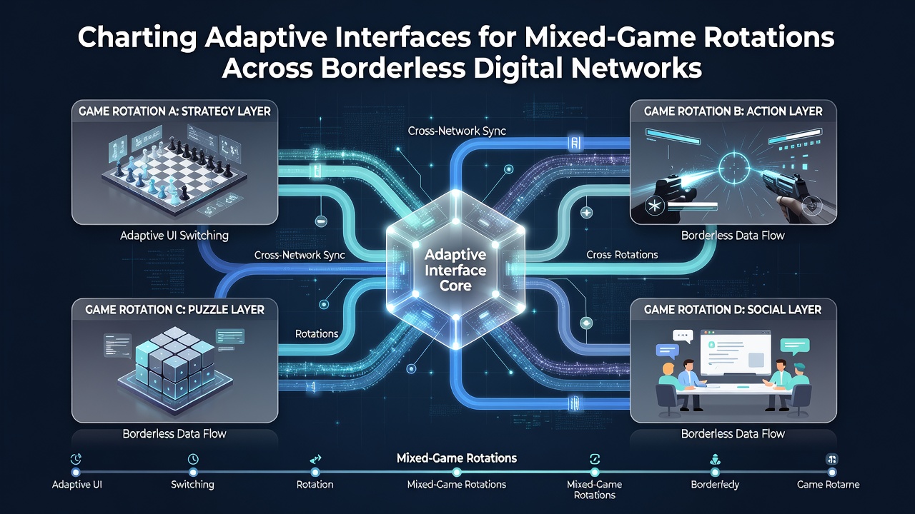 Mobile screen capture of interface adapting during a game rotation sequence in a borderless network