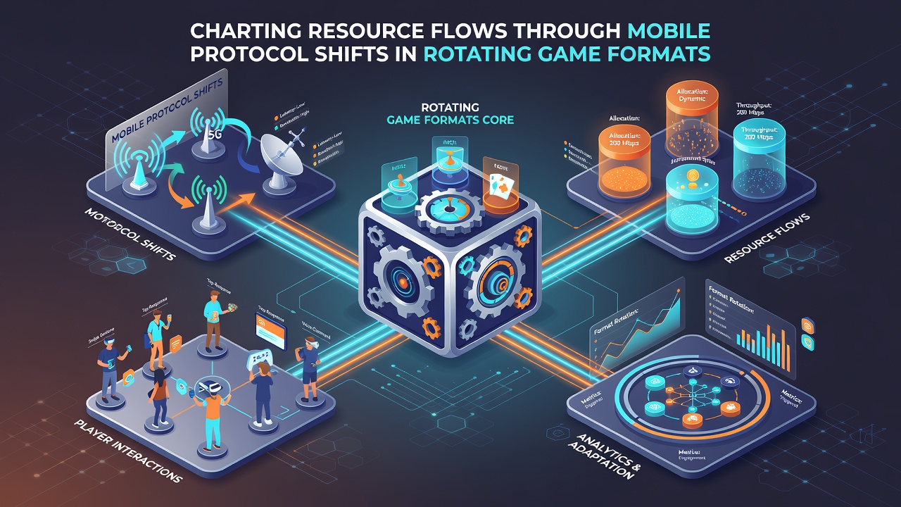 Flowchart showing data packet routing changes across mobile devices during game format rotations