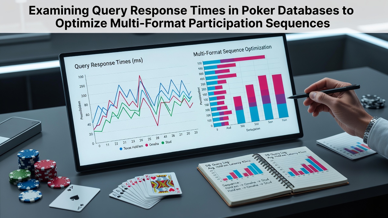 Poker database server racks with performance monitoring dashboards displaying query latency metrics during multi-format operations
