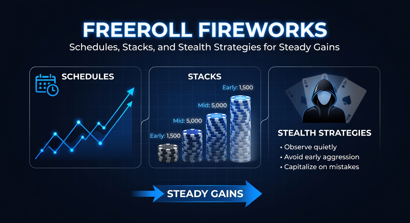 Close-up of poker chip stacks during a freeroll, showing blind levels and player HUD overlays for stack tracking