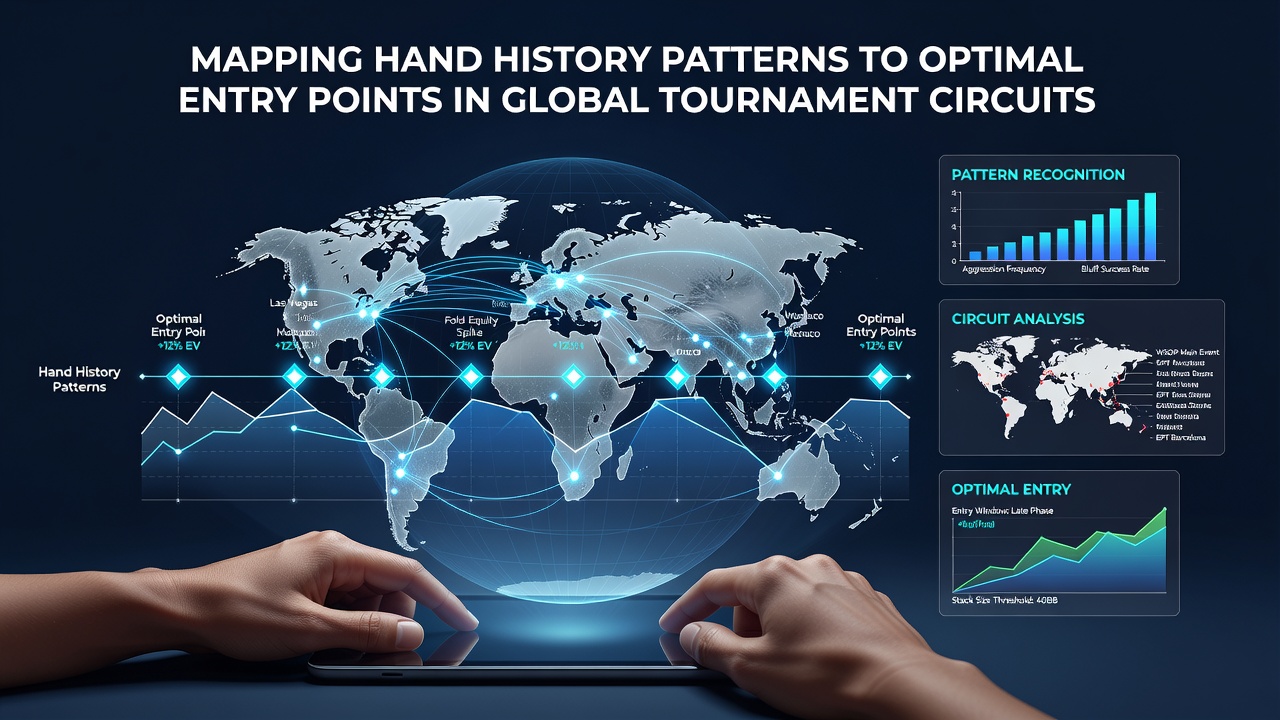 Analytical dashboard displaying hand history patterns overlaid on global tournament calendar entries