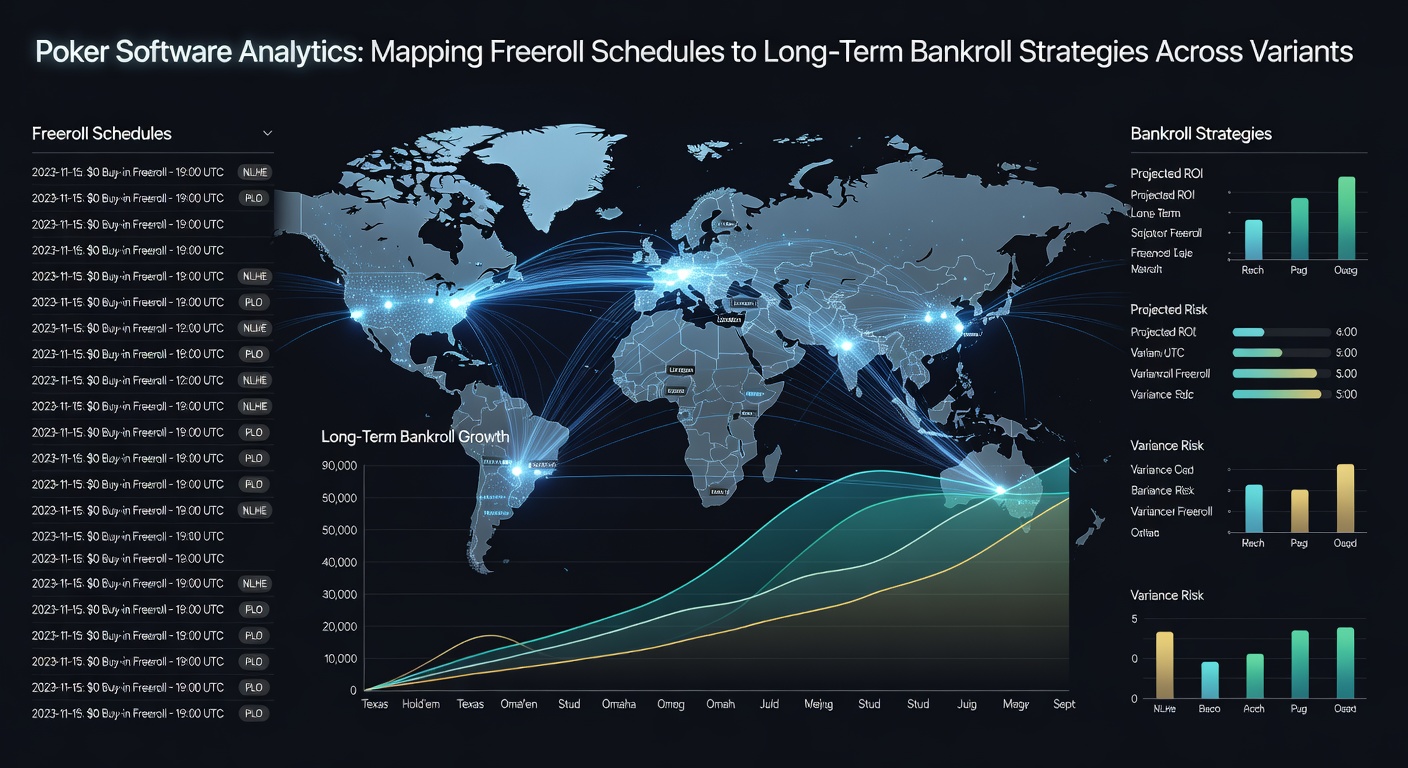 Poker analytics dashboard displaying freeroll schedules and bankroll tracking metrics across game variants