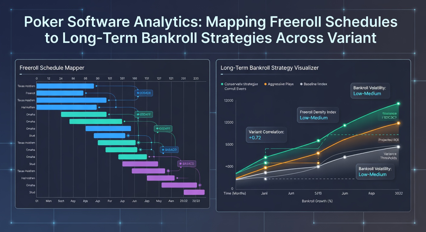Bankroll growth chart comparing Hold'em, Omaha, and Stud variants with overlaid freeroll schedule markers