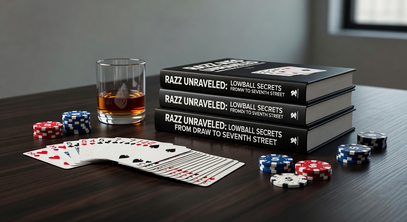 Intense Razz showdown at a tournament table, with players revealing low hands on seventh street amid scattered chips and cards
