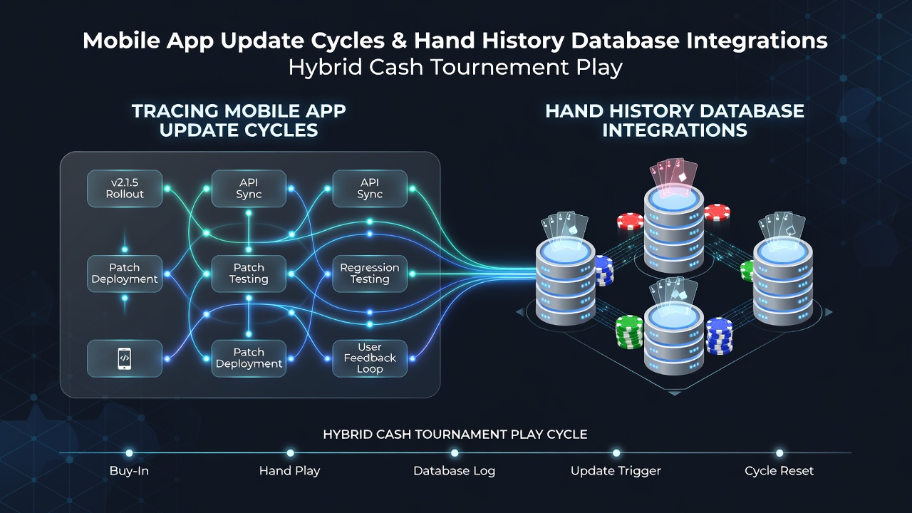 Mobile poker app interface displaying hand history logs during a hybrid cash tournament session